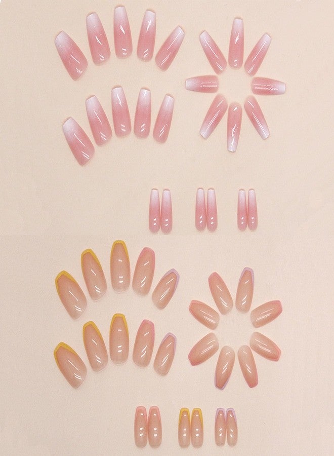 TOGZOM 144Pcs Press on Nails Medium TOGZOM Long Press on Nails Square Fake Nails Ombre Gold Foil Design French Tip False Nails Glossy Glue on Nail Stick on Nail for Women Manicure Kit 6 Packs - Image 4